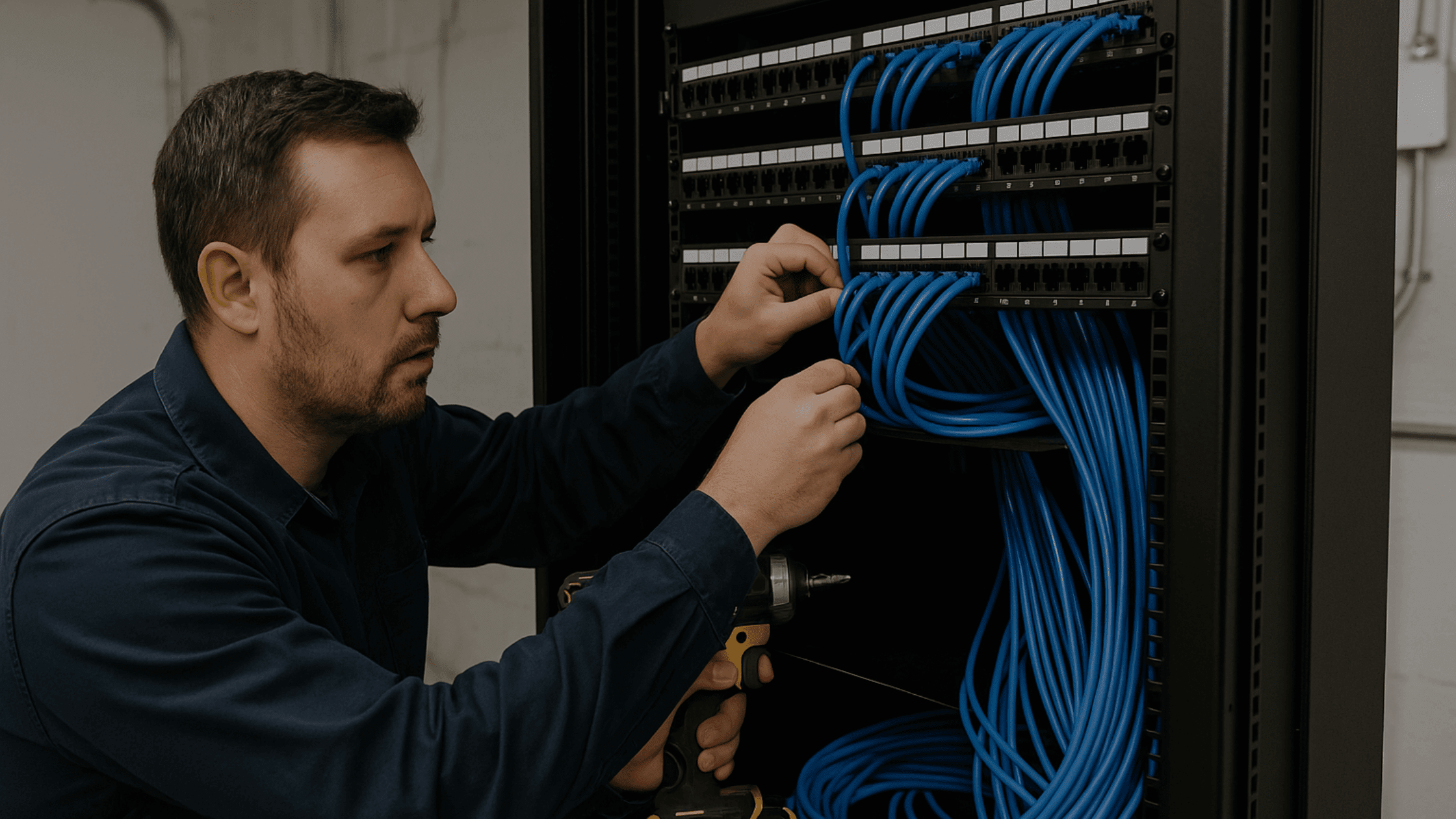 Technician planning data cabling installation with structured cabling layout
