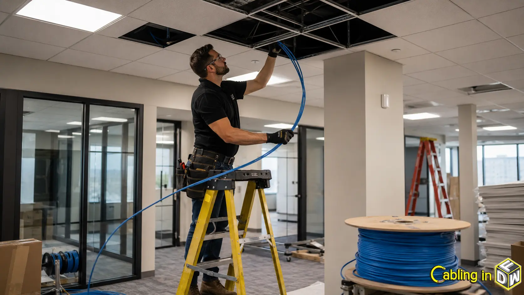 Structured cabling installation technician pulling Cat6A cable through a DFW commercial office ceiling