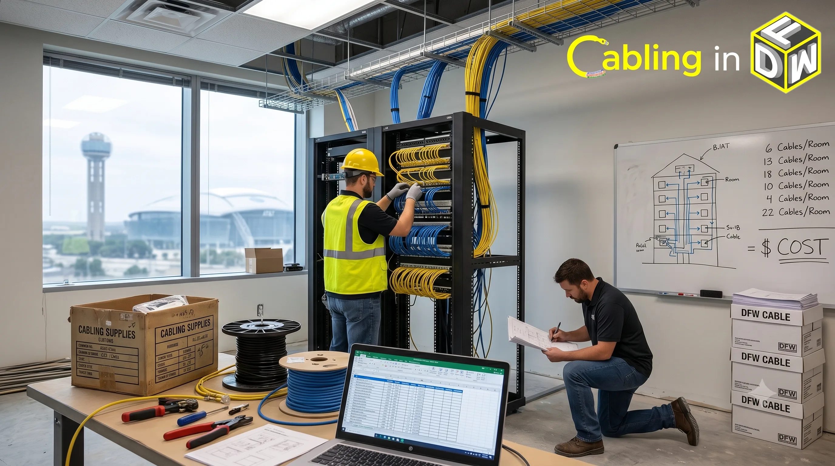 Cabling technician pulling Cat6A cable