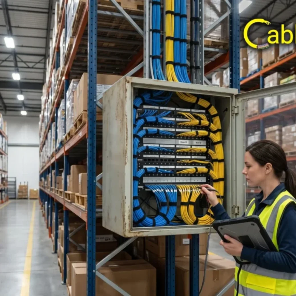 Cable tray installation in DFW warehouse with organized Cat6A cable runs