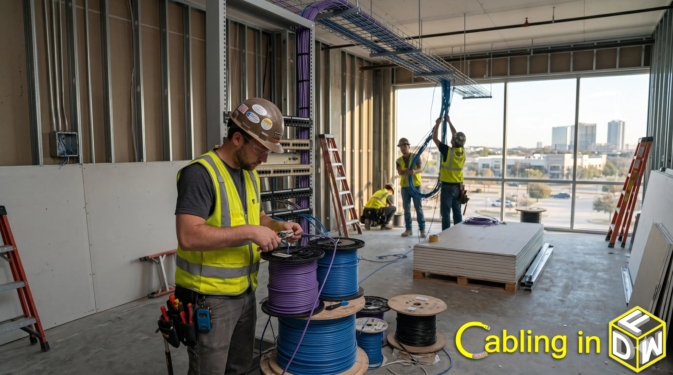 Technician installing Cat6A cable drops in a new DFW commercial office during build-out