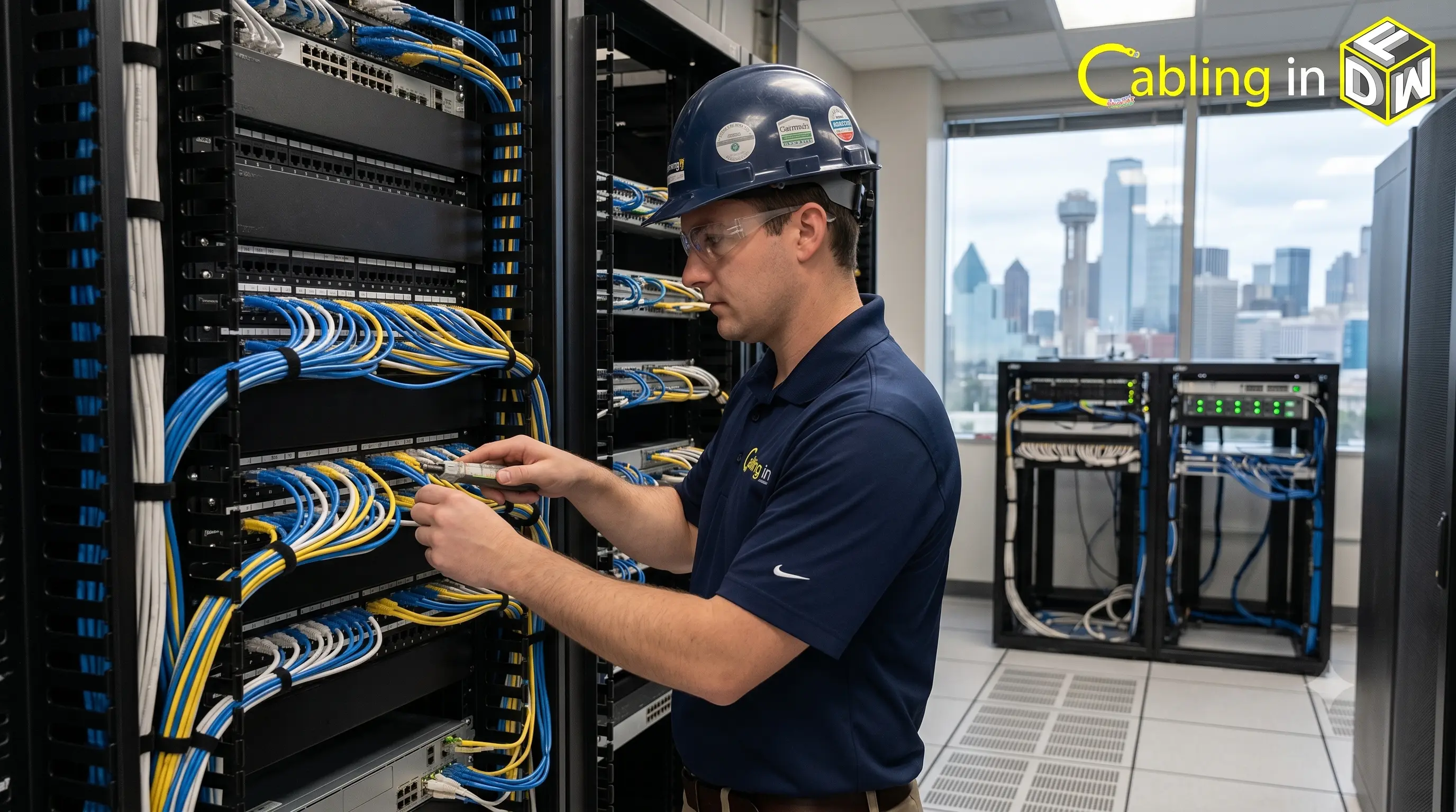 Bicsi-certified technician installing cat6 patch panel in dfw office data closet