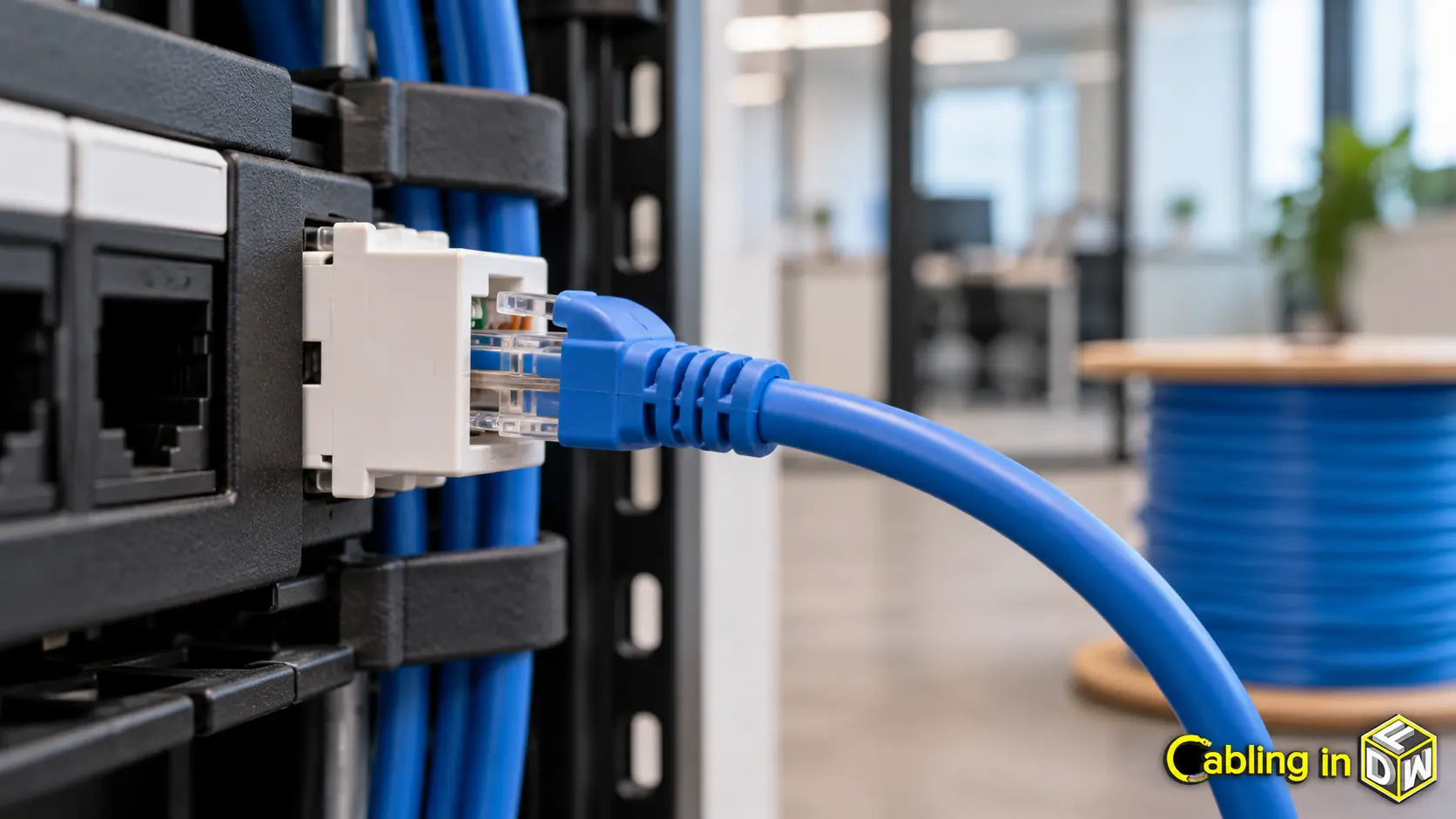 Structured Cabling Quotes For Dfw Businesses: What Every Line Item Should Cover 1 Sharp close up of blue ethernet keystone connection