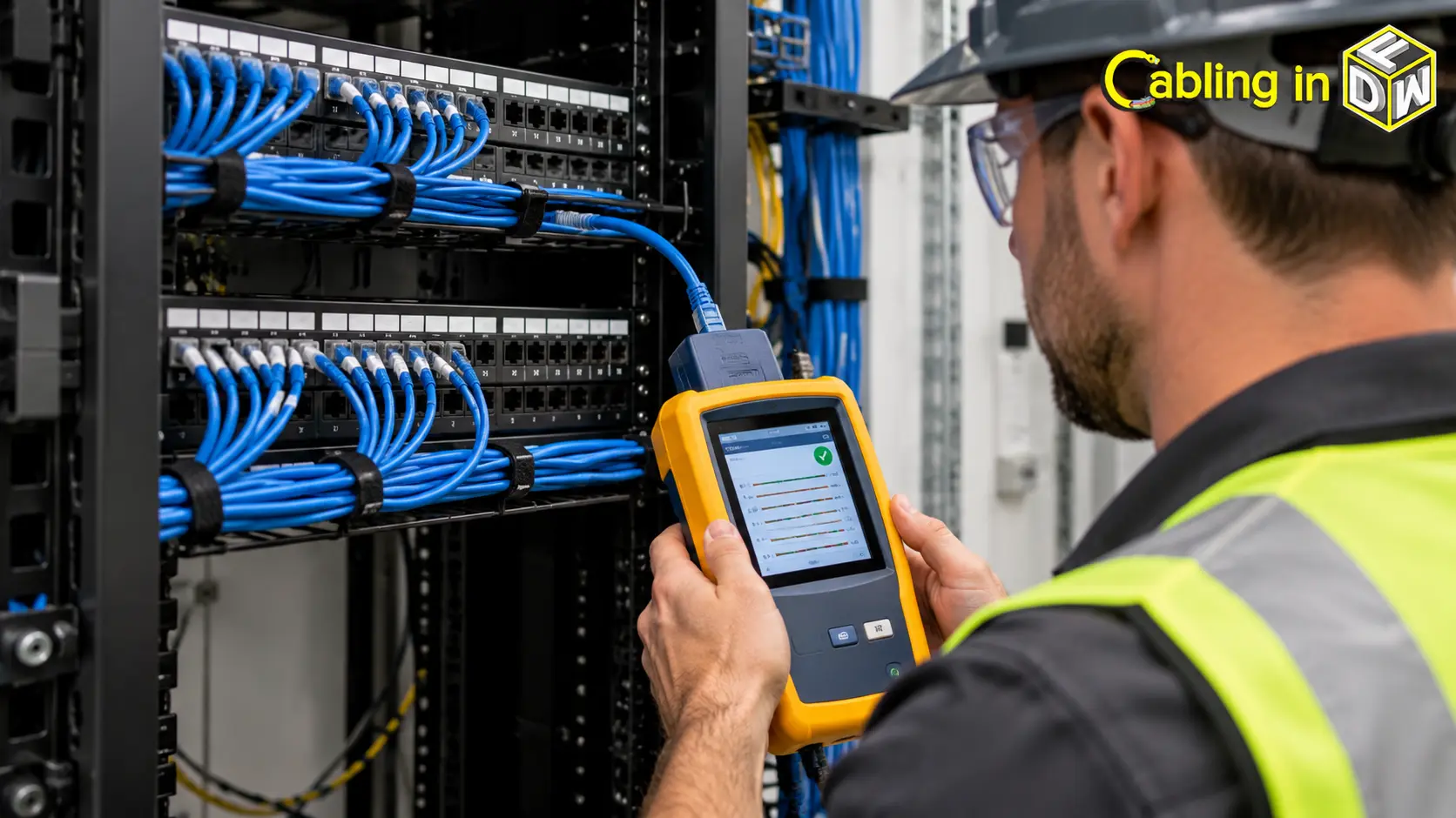 Structured Cabling Quotes For Dfw Businesses: What Every Line Item Should Cover 2 Technician testing network cables