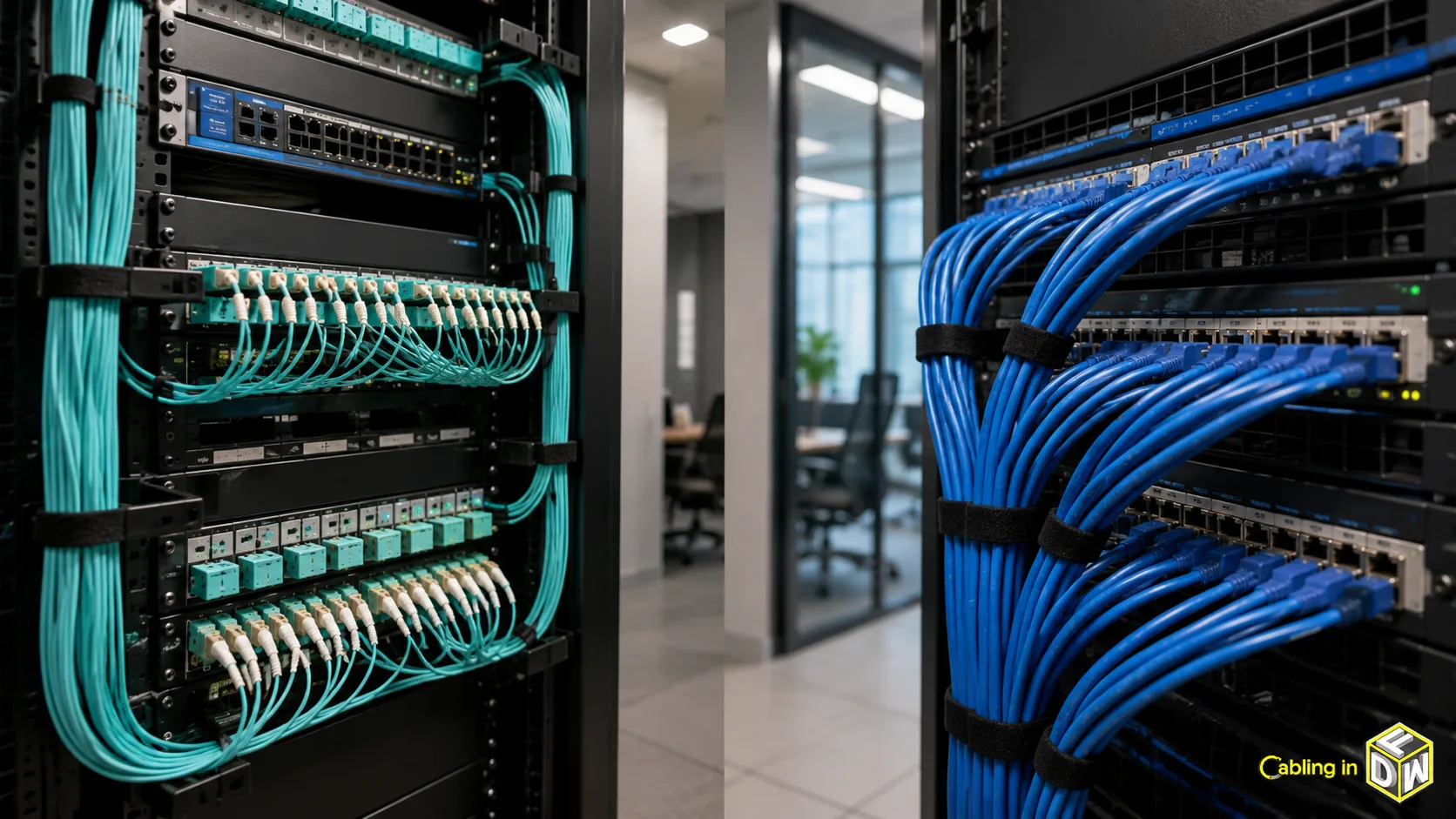 Side-by-side comparison of fiber optic cable and Cat6A copper cable used in a Dallas-Fort Worth commercial office cabling installation