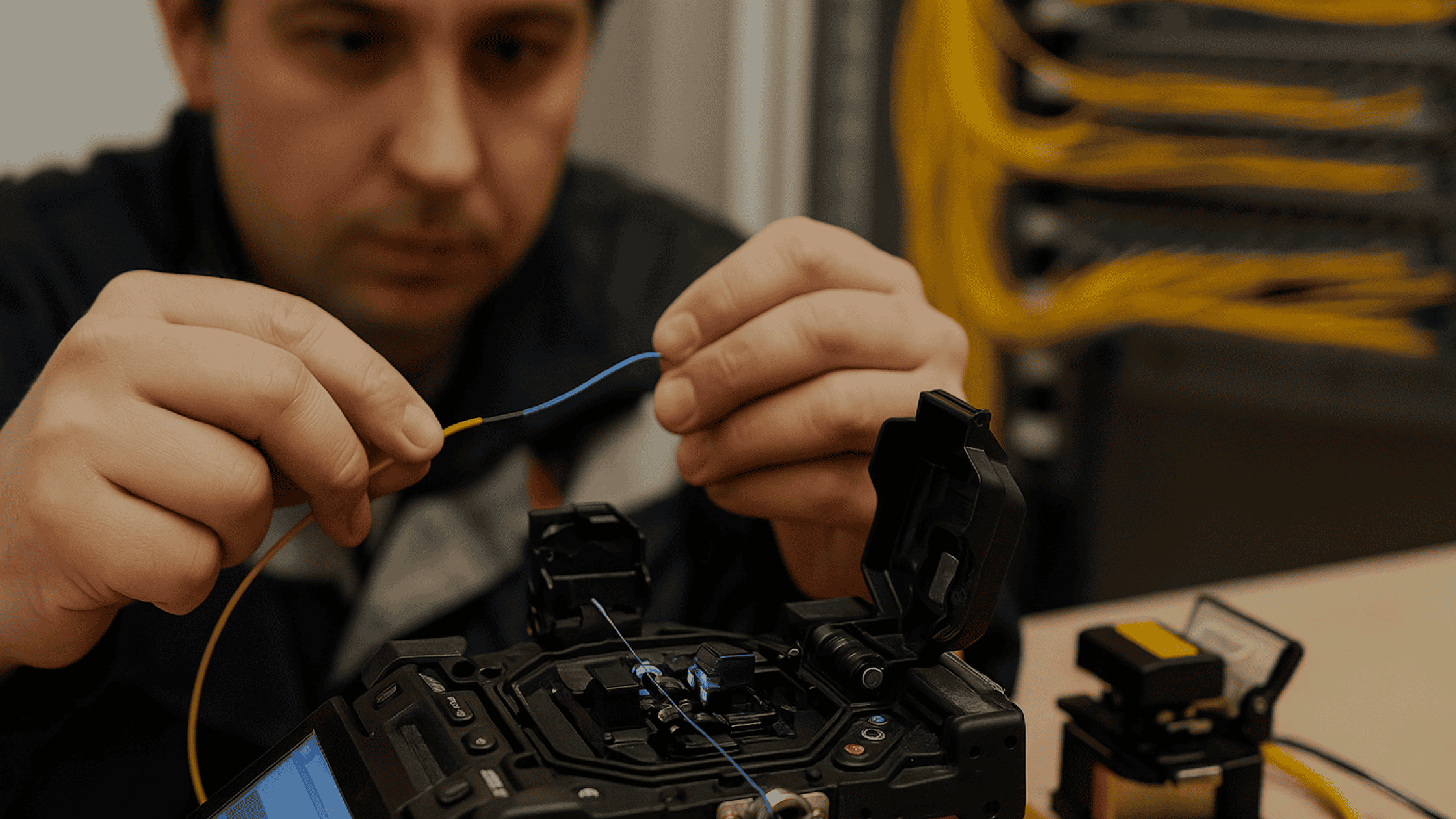Technician using fusion splicing tool for fiber optic installation services