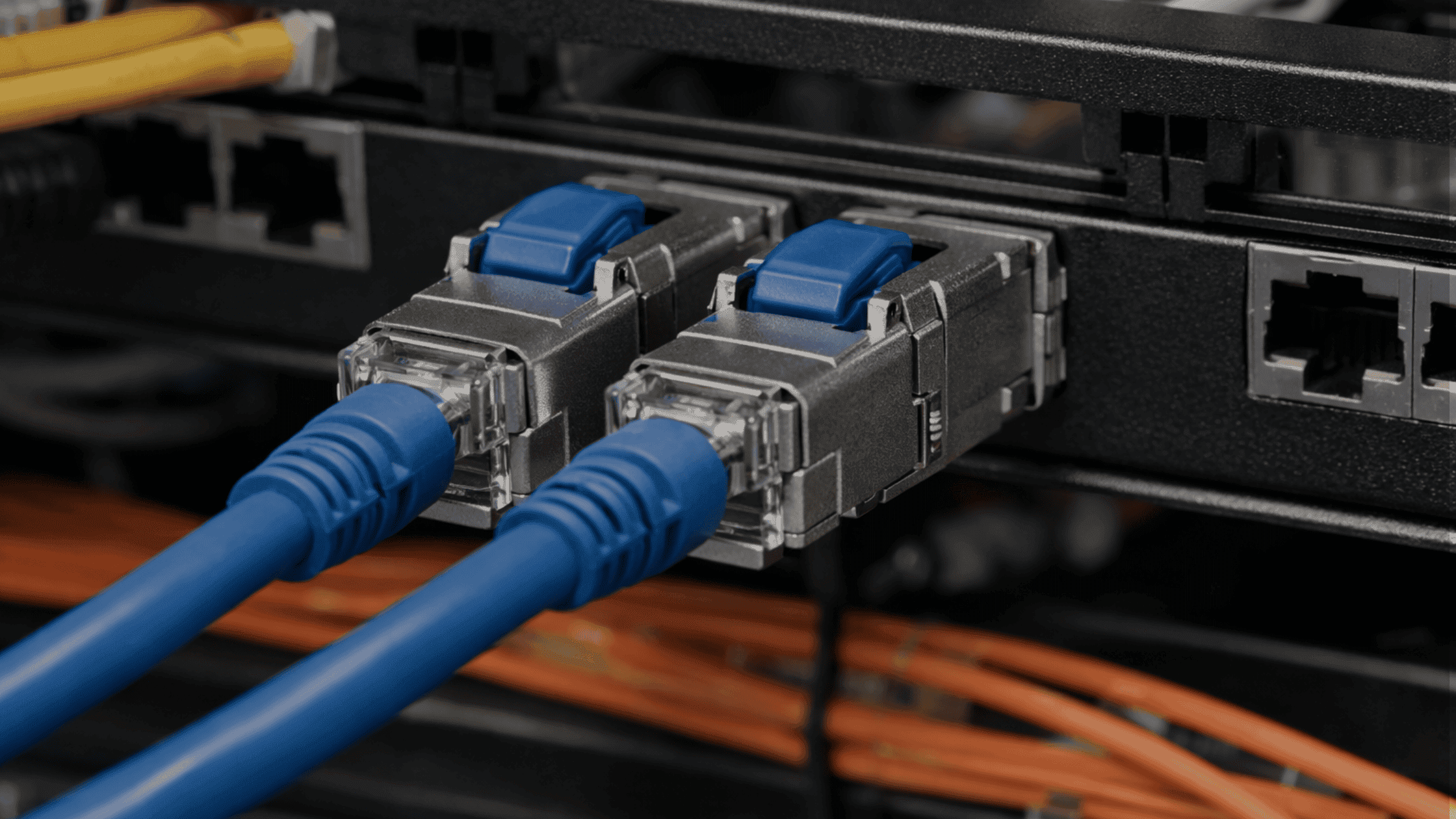 CAT6A toolless RJ45 connectors installed in commercial structured cabling system supporting 10Gb Ethernet