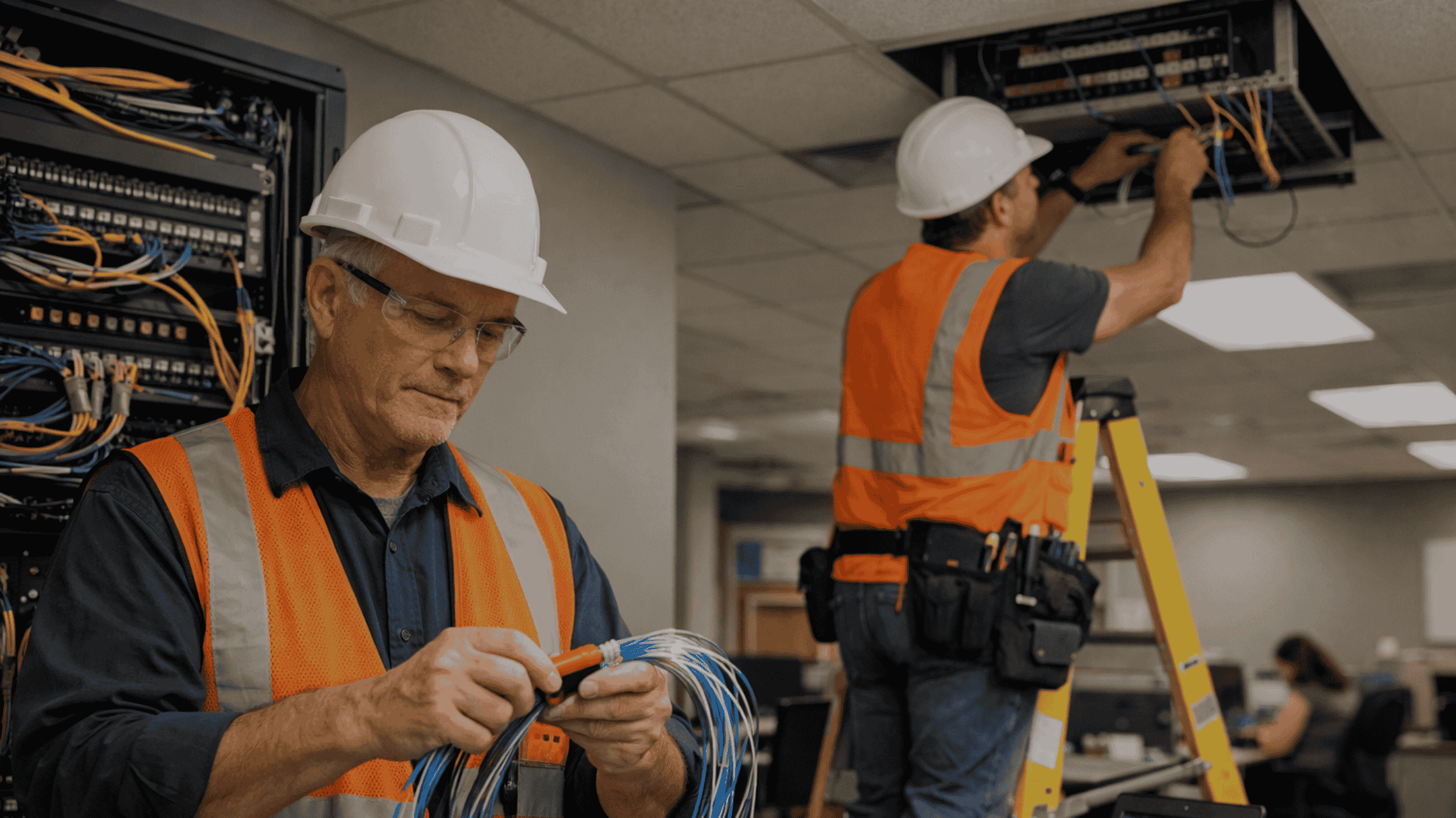Fiber optic cable contractors installing structured cabling in a DFW office