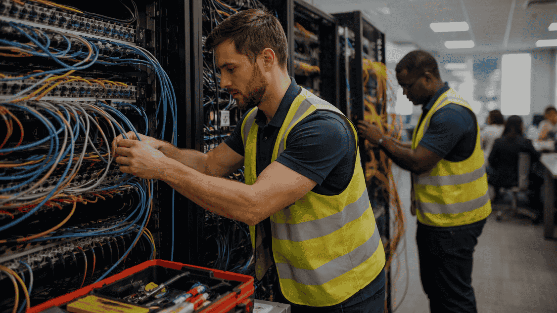 Structured cabling contractors rewiring a live office network with minimal downtime