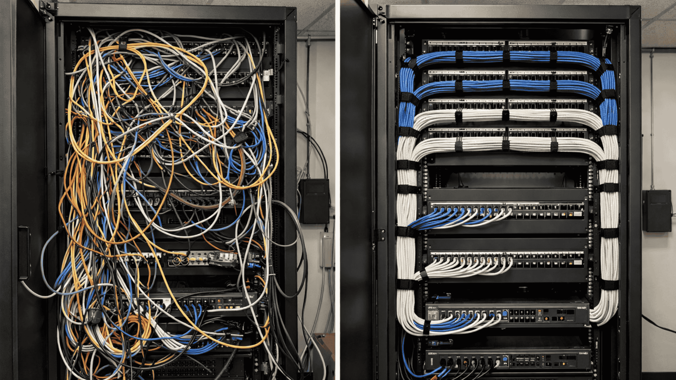 Data cabling contractors organizing a messy network cabinet