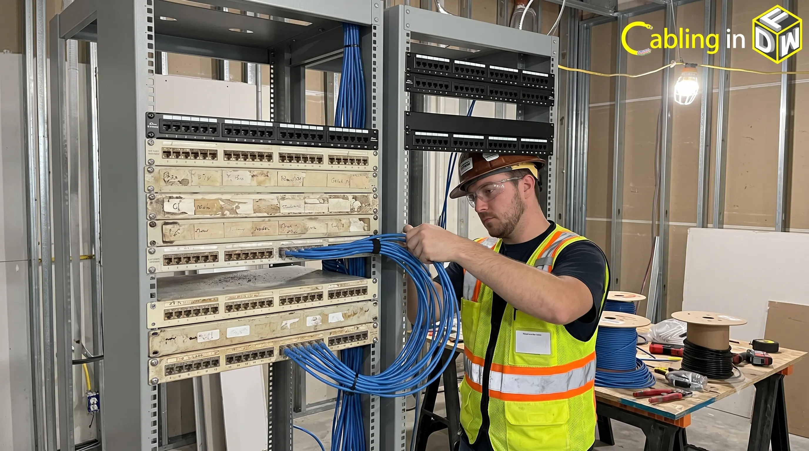 Old patch panel in DFW office data closet before cabling upgrade